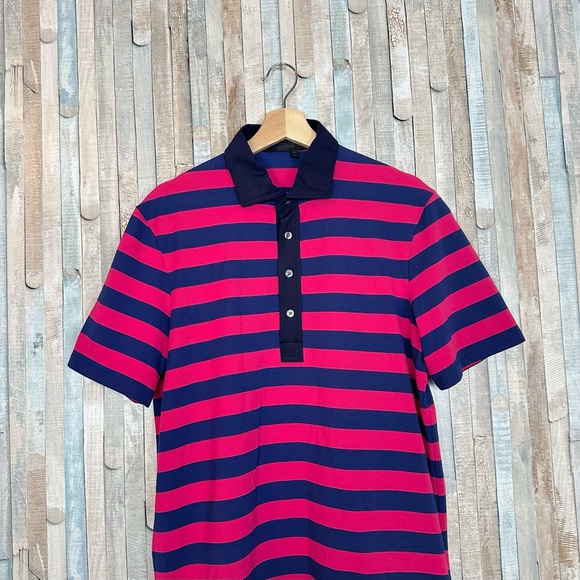 Greyson M Pink & Navy Stripe Pima Cotton Golf Polo Shirt Top Contrast Collar - Picture 4 of 8
